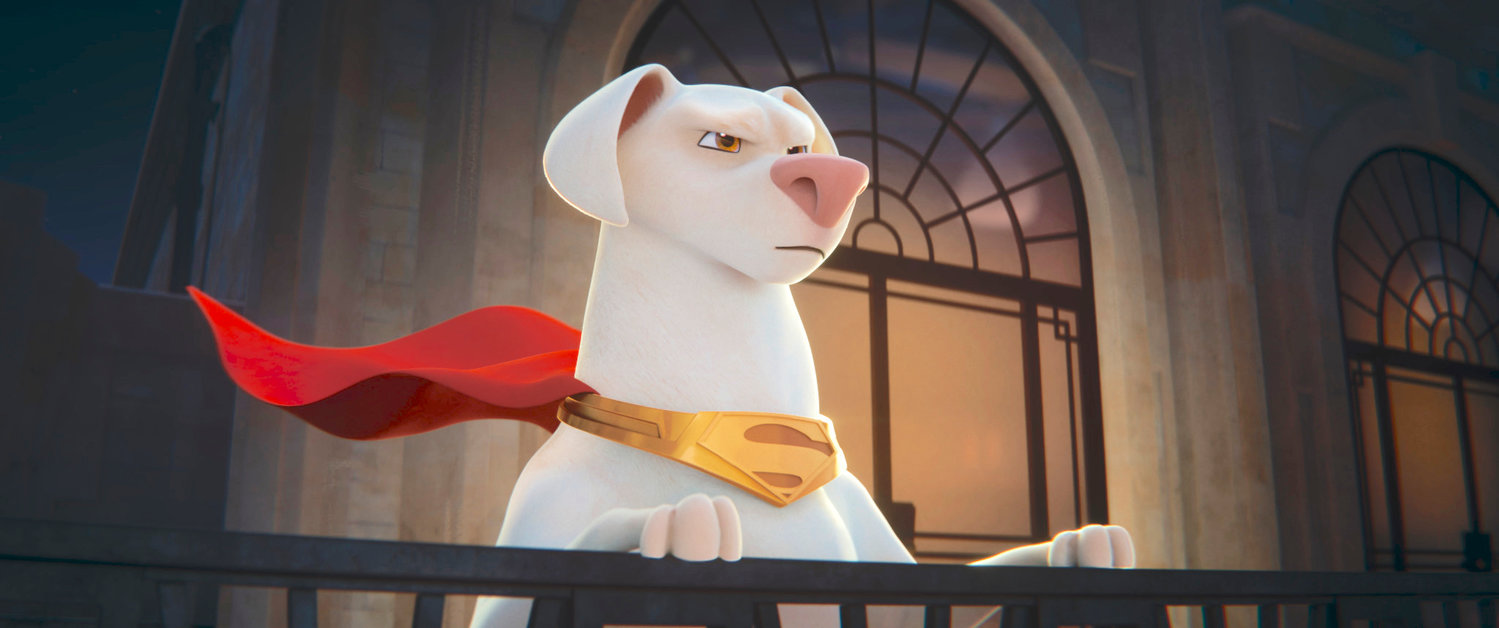 Krypto, voiced by Dwayne Johnson, in a scene from “DC League of Super Pets.”