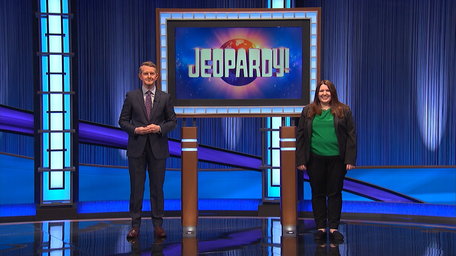 Camden native Dr. Brianne Barker on the set of Jeopardy! with co-host Ken Jennings.