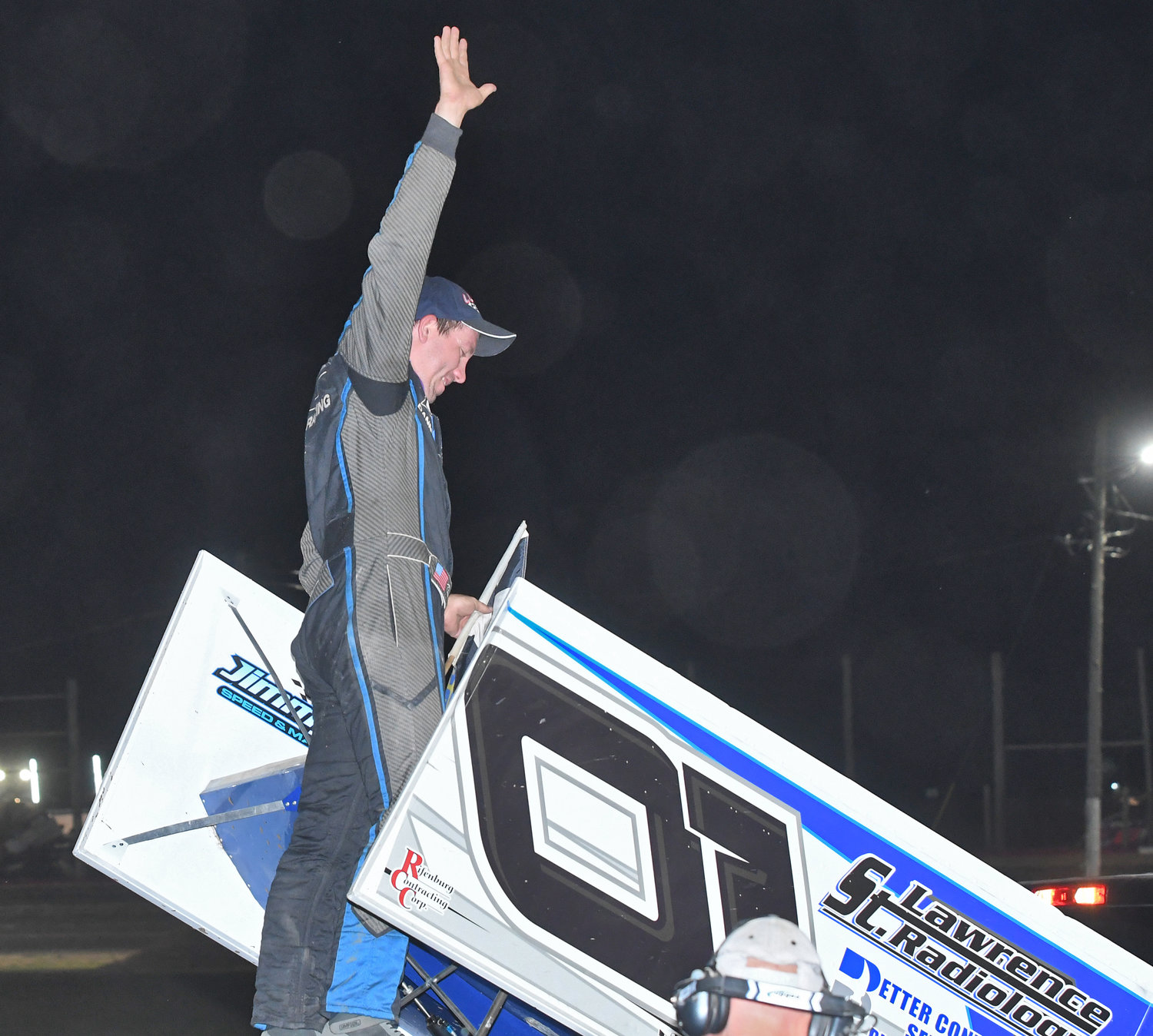 VICTORY CELEBRATION — Danny Varin of Fonda celebrates his 360 sprint car 25-lap Lucas Oil Empire Sprint Series A-Main win on Friday night at Utica-Rome Speedway.
