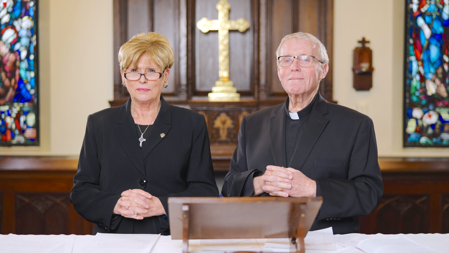 “The Journey-Shepherding God’s People” program hosts the Rev. Carol Jubenville, left, and Father John Buehler.
