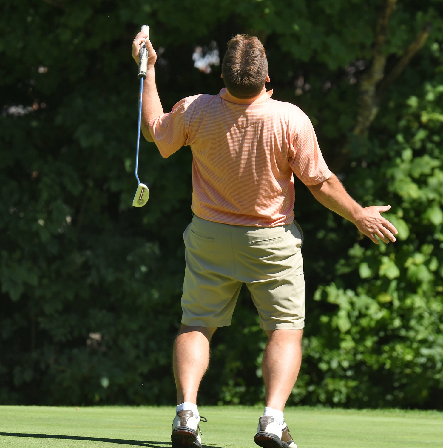Bruce Miller reacts to missing a birdie putt on the par 5 15th hole on Sunday afternoon at McConnellsville Country Club during the final round of the Rome City Men's Amateur Golf Championship. Miller finished third with a two-day score of 156.