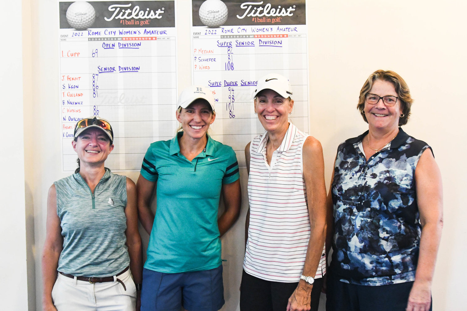 There were 16 participants in the 53rd Rome City Women’s Amateur Golf Championship Monday at Rome Country Club. They included, from left: Kathy Garbooshian, Lauren Cupp, Teresa Cleland and Carina Watkins. Cupp led the field with a 69. Cleland had the top score in the senior division, an 81.