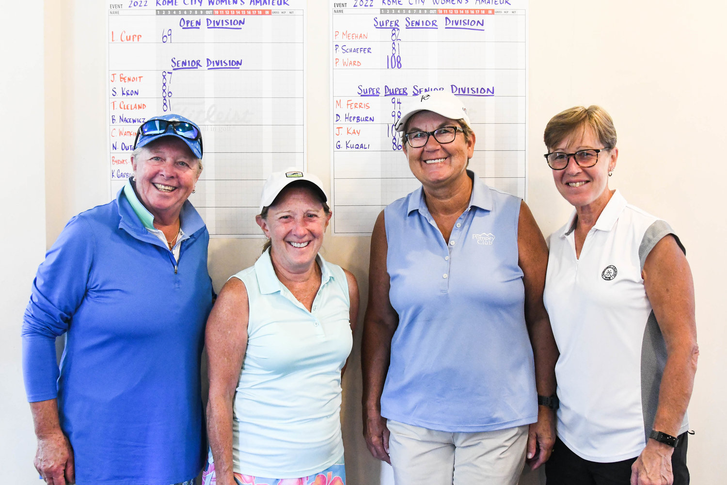 There were 16 participants in the 53rd Rome City Women’s Amateur Golf Championship Monday at Rome Country Club. They included, from left: Patty Schaefer, Pam Meehan, Jo Benoit and Shelley Kron. Schaefer’s 81 was the top score in the super senior division.