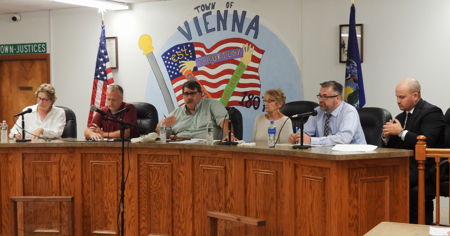 The Vienna Town Board holds a special meeting on Monday, Aug. 15. In attendance was Town Attorney Evan Rossi, right, Councilor Jason Lamb, Councilor Gail Whitham, Supervisor Michael Davis Sr., Councilor Jason Spellicy, and Councilor Wendy Herbst.