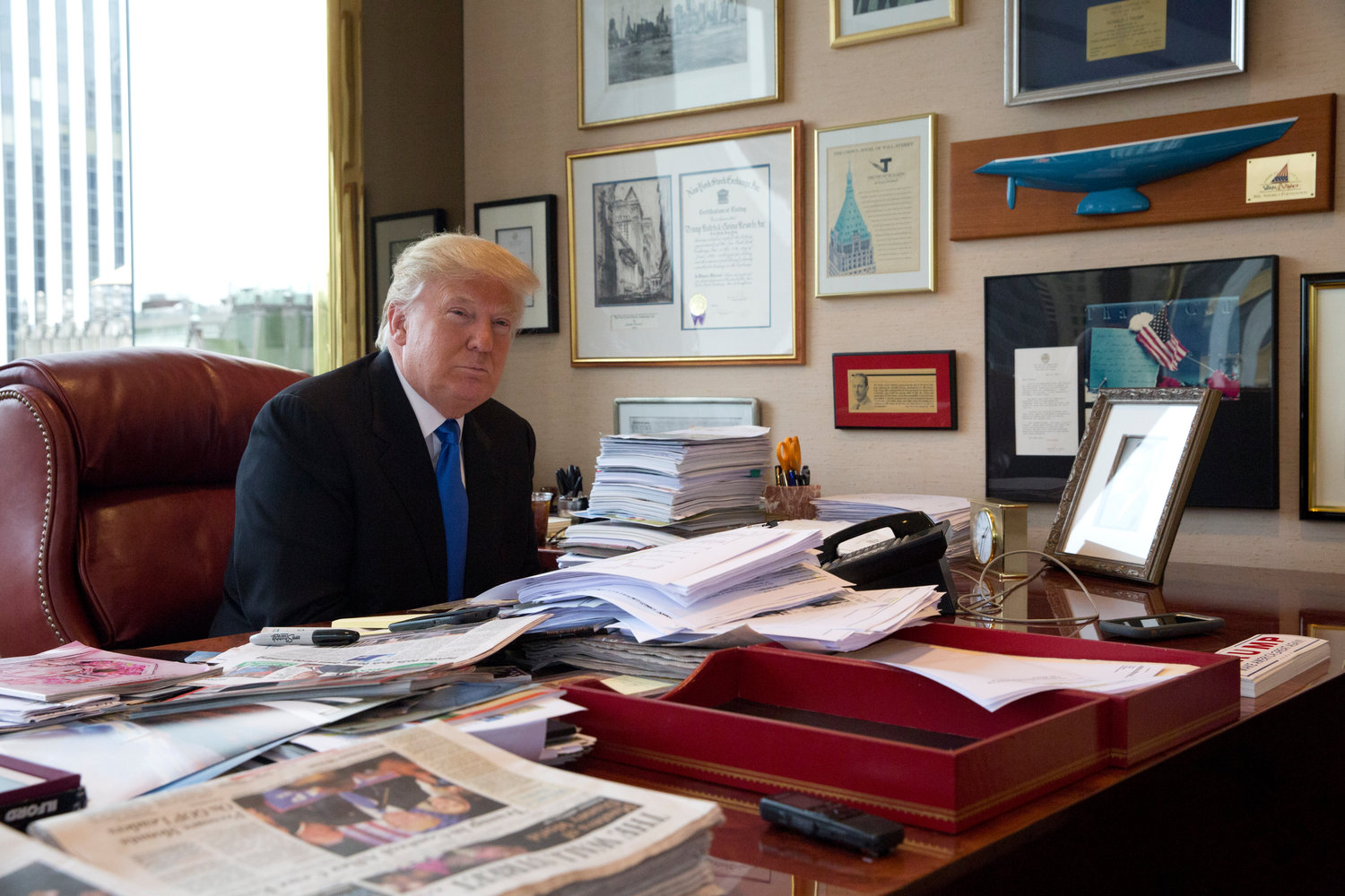 Then-Republican presidential candidate Donald Trump is photographed during an interview with The Associated Press in his office at Trump Tower in New York, May 10, 2016. The legal investigation into former President Donald Trump's handling of sensitive information is the culmination of a lifelong habit of collecting memorabilia, disregard of rules governing recordkeeping and a chaotic transition of his own making after refuse to accept defeat in 2020.