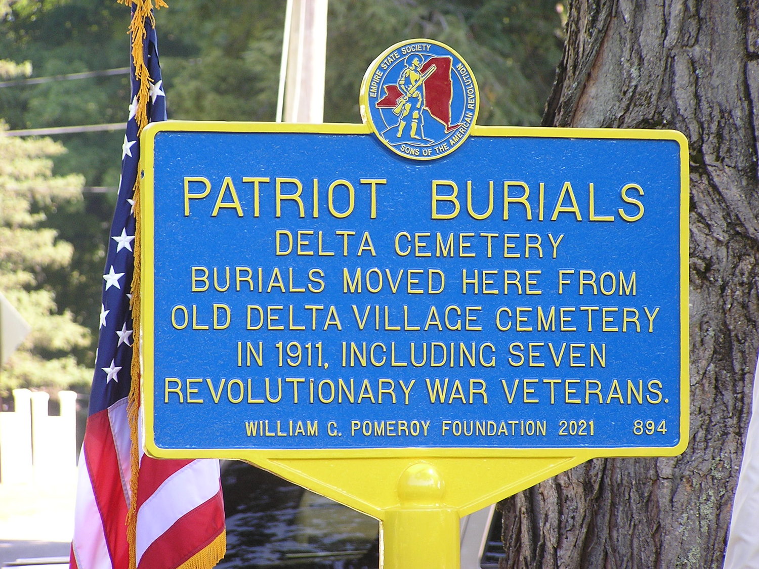 The William G Pomeroy Foundation Patriot Burial Marker to remember seven Revolutionary War patriots buried at Delta Cemetery.