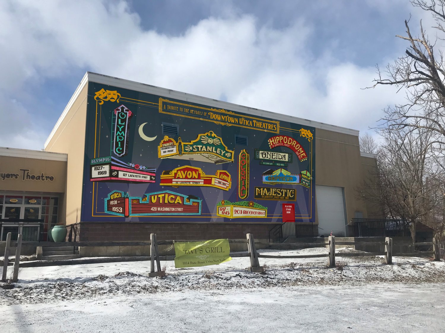 A rendition of the 30-by-50-foot mural which will soon be painted on the side of the Players of Utica building. The art will feature nine marquees of former Utica theaters.