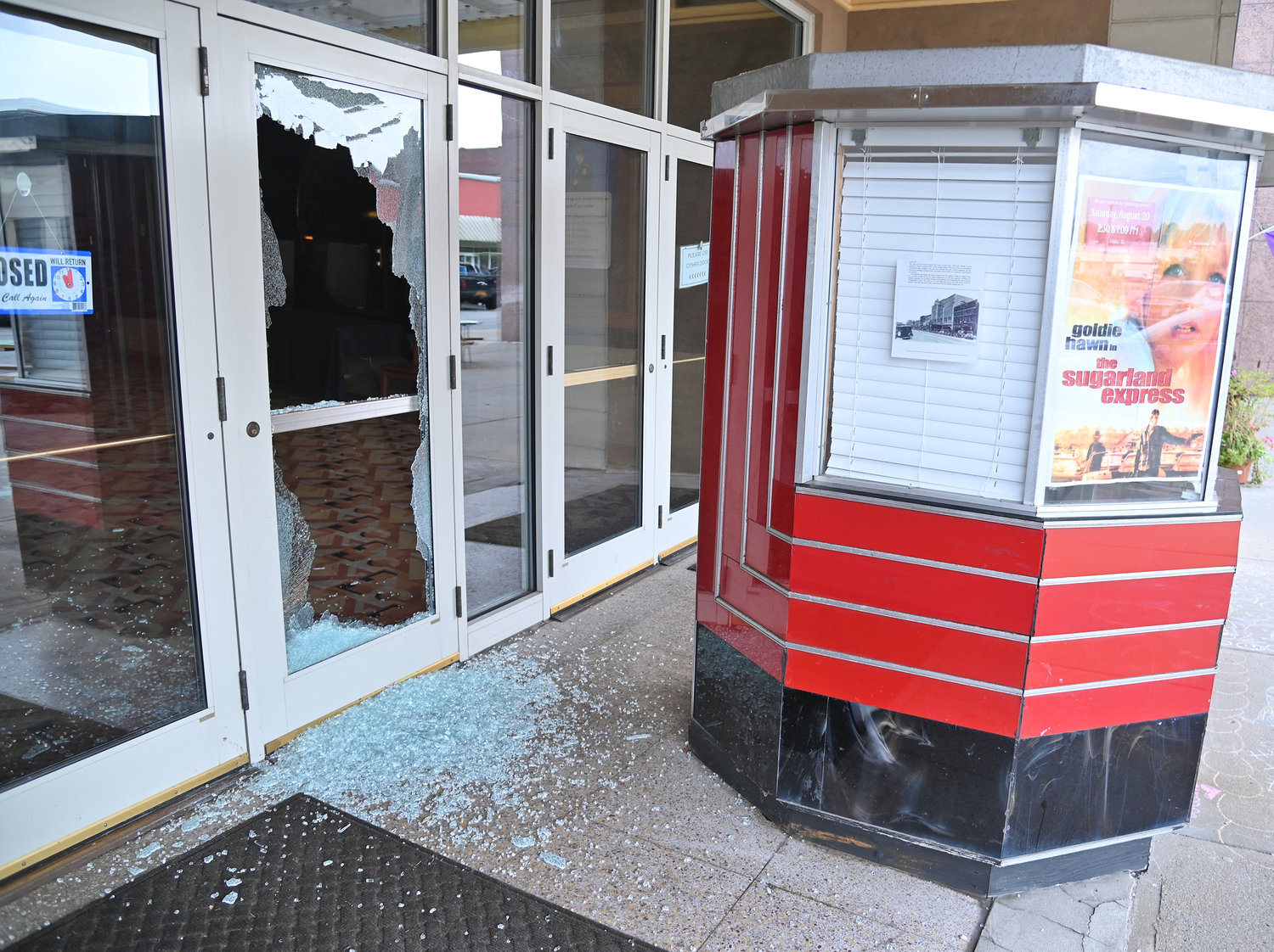 The glass front door at the Capitol Theater was smashed out during a burglary early Tuesday morning, Aug. 23.