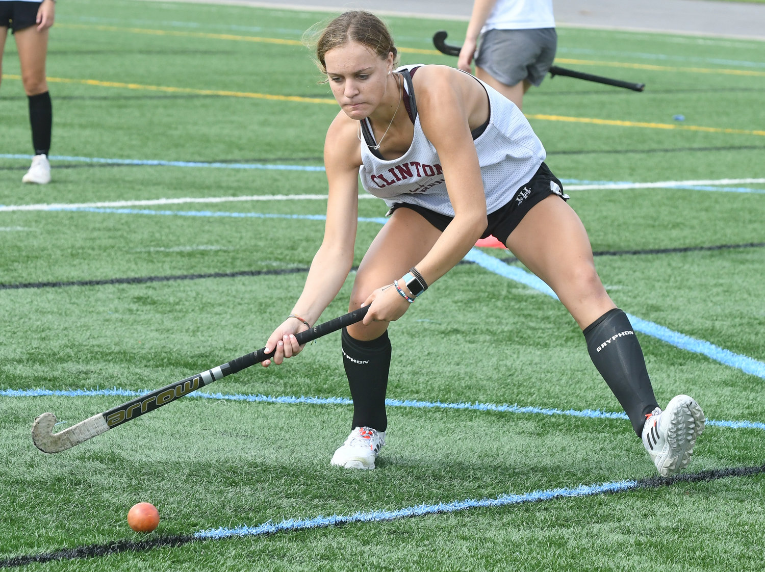 SHOT ON GOAL — Clinton field hockey sophomore striker Lauren Rey takes aim at the goal during a Thursday morning practice on the Hamilton College turf in Clinton.