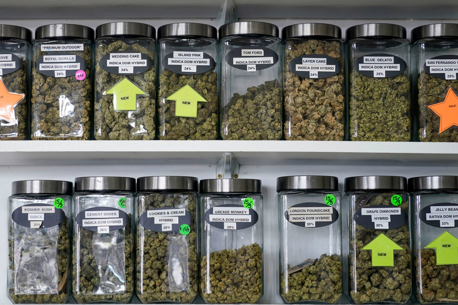 Marijuana products are displayed at the Good Leaf Dispensary, on the reservation Mohawks call Akwesasne on March 14 in St. Regis. New York began accepting applications on Thursday to open its first crop of legal recreational pot shops, taking a novel approach by reserving the first licenses for people with past pot convictions or their relatives.
