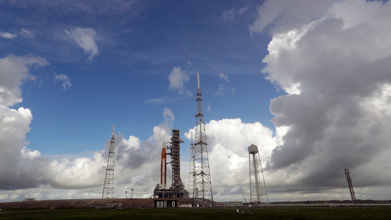 The NASA moon rocket stands ready less than 24 hours before it is scheduled to launch on Pad 39B for the Artemis 1 mission to orbit the moon at the Kennedy Space Center, Sunday, Aug. 28, 2022, in Cape Canaveral, Fla.