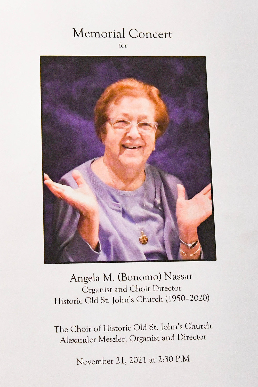 Angela Nassar, former organist and choir director at Historic Old St. John’s Church in Utica from 1950 until her death in 2020.