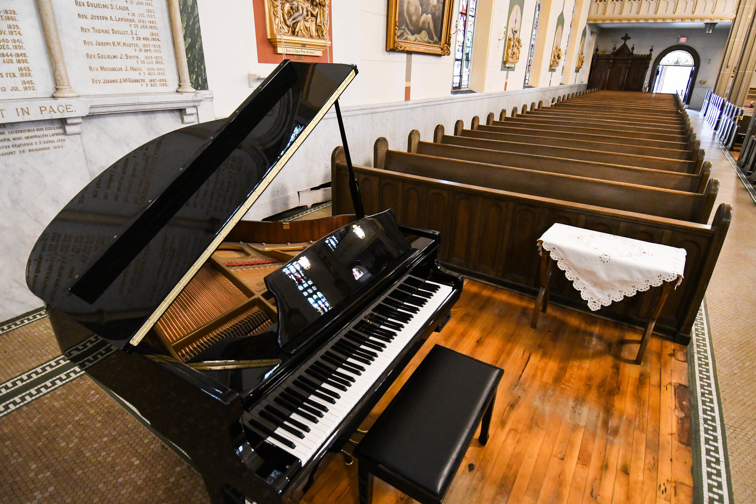 This donated Story and Clark piano at Historic Old St. John’s Church in Utica provides bright sounds to the large space.