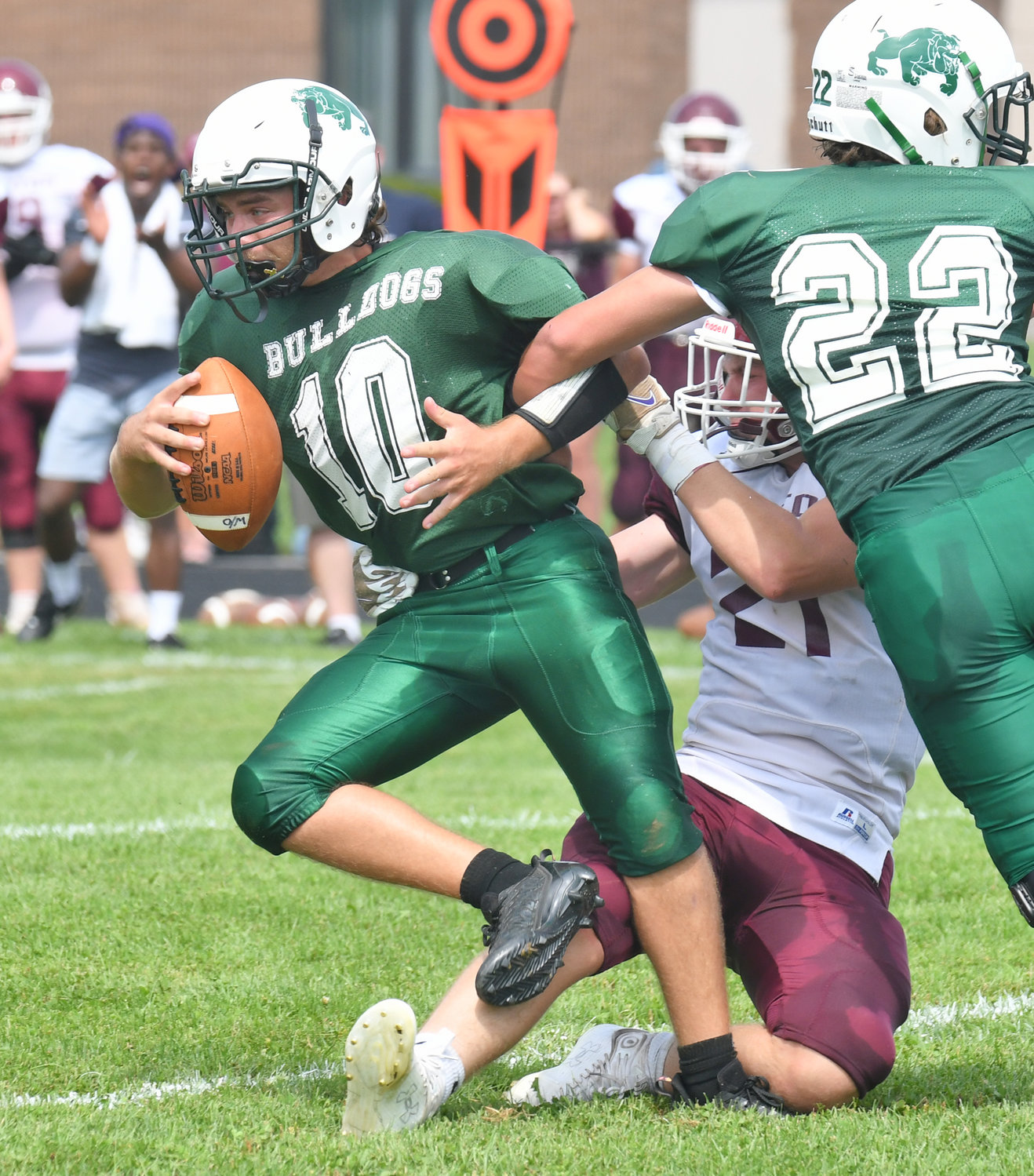 Westmoreland/Oriskany quarterback Michael Scalise is sacked in the second quarter by Clinton’s Aiden Wilcox during Saturday afternoon’s non-league game in Westmoreland. The Warriors won 28-6.