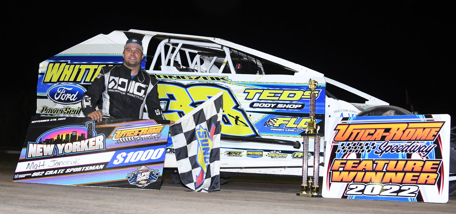 SPORTSMAN WIN — Durhamville’s Matt Janczuk won the 25-lap sportsman New Yorker feature Sunday night and it was his 12th feature win of the season at Utica-Rome Speedway.