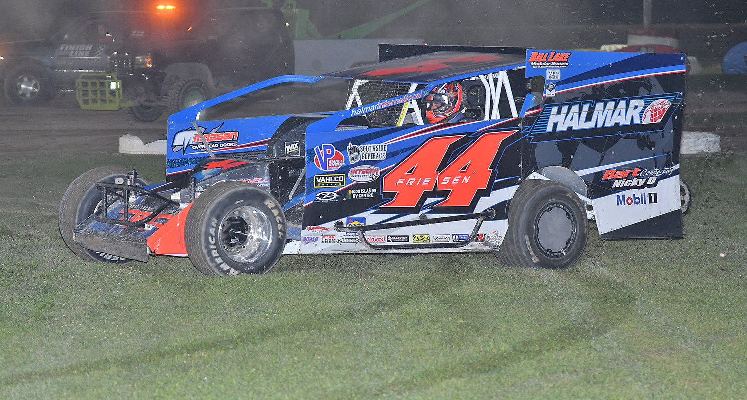NASCAR Camping World Truck Series playoff contender Stewart Friesen from Sprakers does a burn out in the infield grass after winning the New Yorker 50 on Sunday night at Utica-Rome Speedway. Friesen led every lap of the Short Track Super Series feature to collect $25,000.