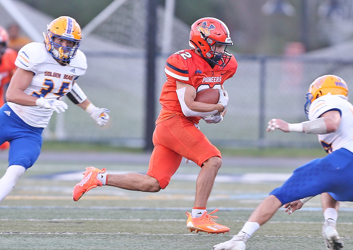 Utica University receiver Nate Palmer, a Vernon-Verona-Sherrill graduate, runs upfield in this file photo from the 2021 season. Saturday, Palmer caught four touchdown passes and had had a career-high 222 receiving yards to help the Pioneers defeat the University of Rochester at home, 43-28, to open the season.