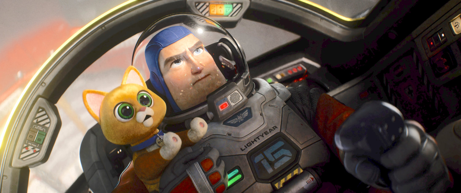 Buzz Lightyear, voiced by Chris Evans, and  Sox, voiced by Peter Sohn, in a scene from the animated film “Lightyear.”