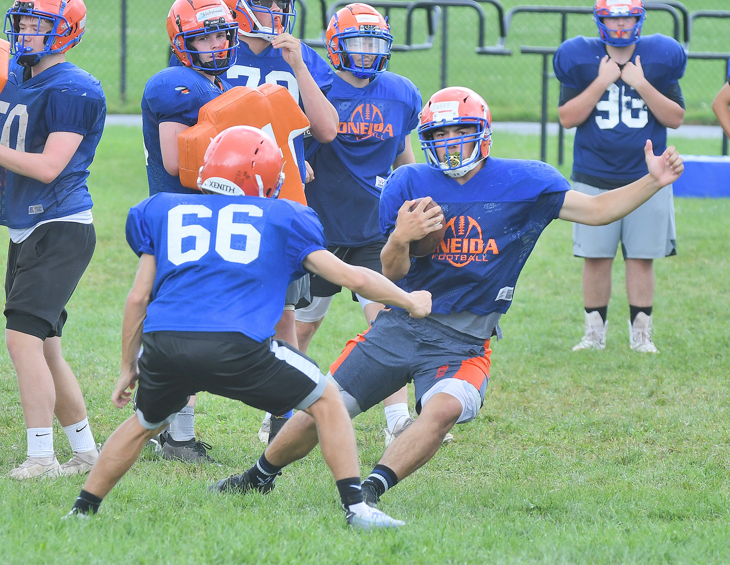 Oneida junior running back Gavin Sweet makes a move around a defender during a preseason practice. Sweet is half of a one-two punch with fellow junior running back Pierce Relyea.