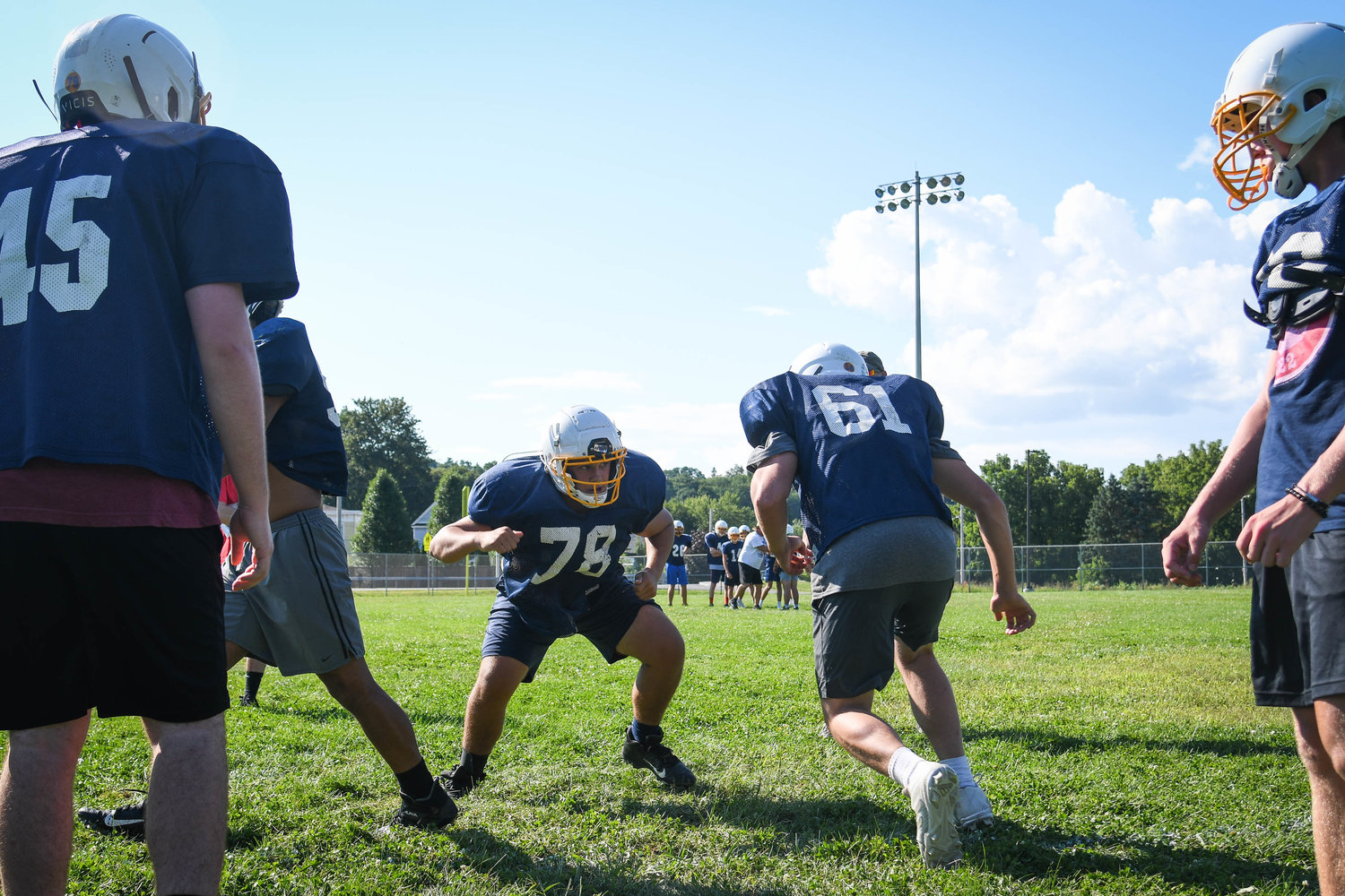 Central Valley Academy junior offensive lineman/defensive lineman Salvatore Fresco prepares to block a teammate during an afternoon practice on Aug. 24 in Ilion.