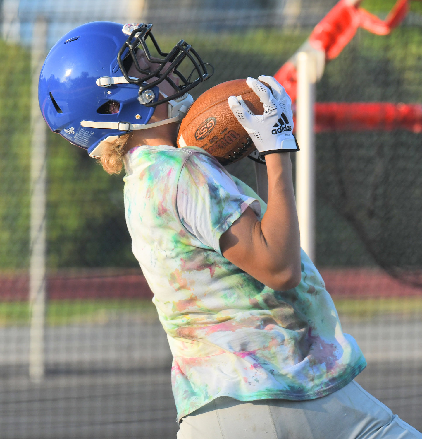 Camden junior running back Trey O'Rourke catches a long pass during a seven-on-seven against Rome Free Academy. O'Rourke will be part of a crowded backfield but the Blue Devils could be able to turn that into an advantage as the team tries to establish a power run game early in the season.