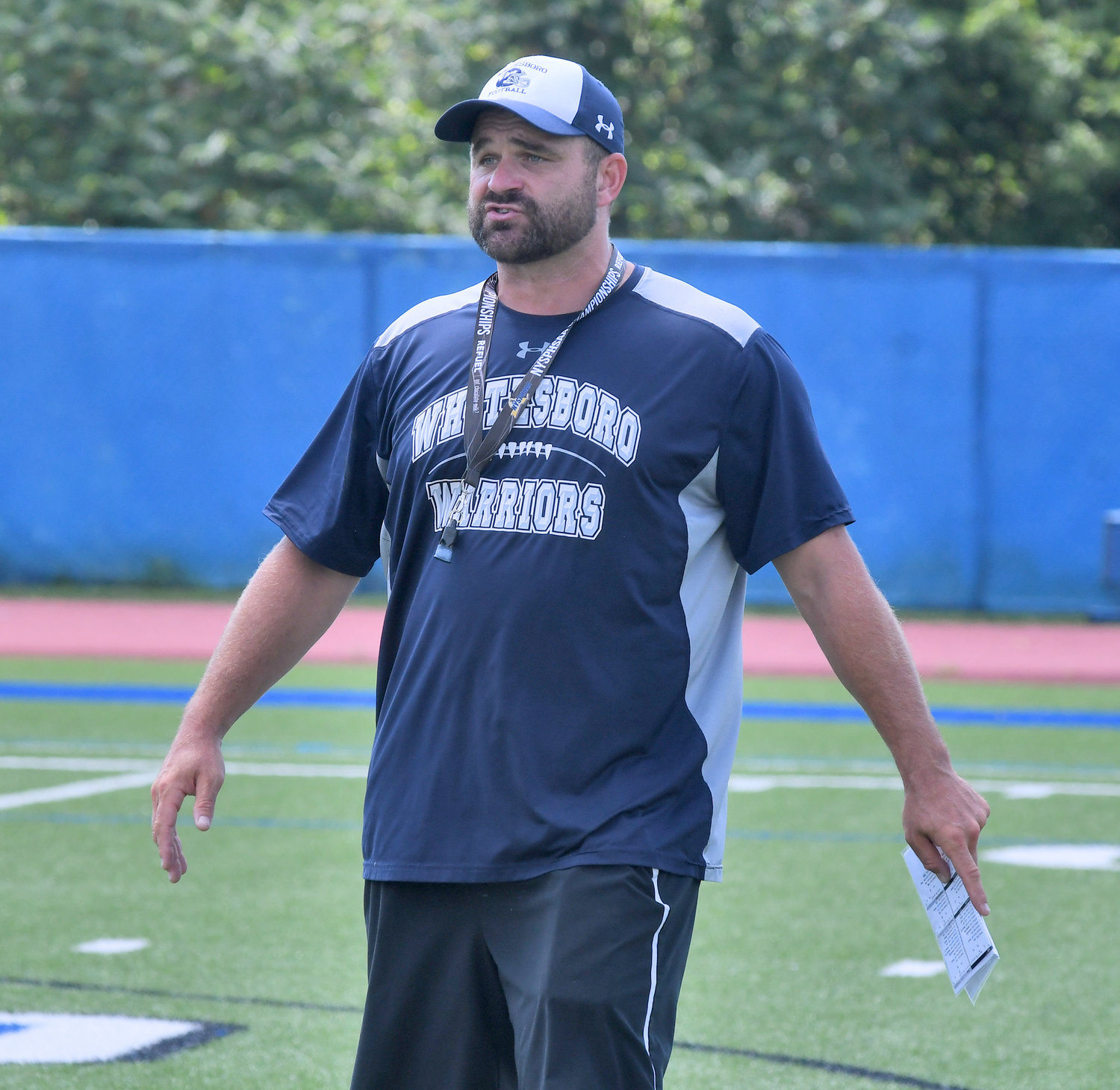 Whitesboro head football coach Curtis Schmidt leads practice in the preseason. Schmidt is entering his fourth season at the helm for the Warriors.