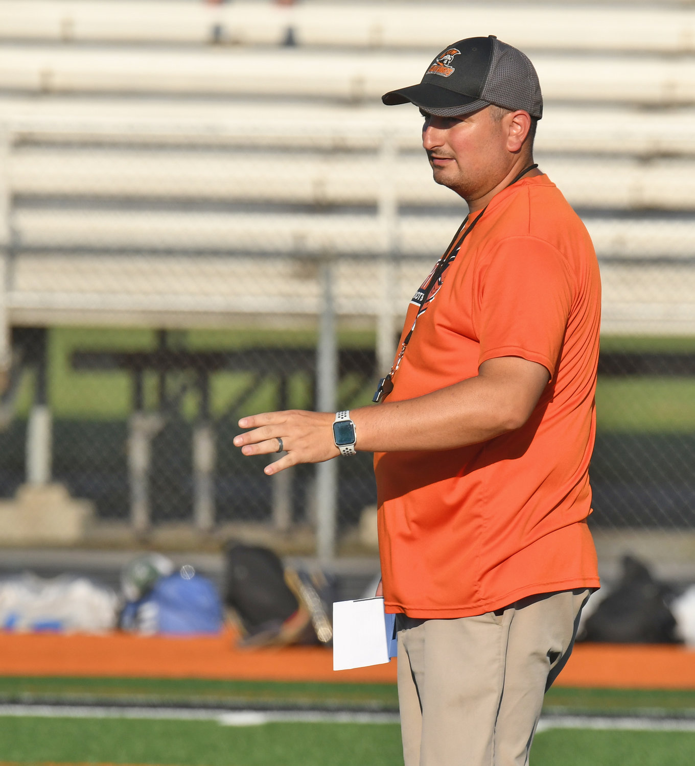 Rome Free Academy head coach Jake DerCola motions during a scrimmage with Camden on Aug. 29.