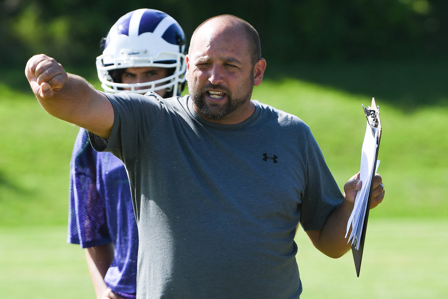 Little Falls head coach Bryan Shepardson helps coordinate special teams drills during practice on Aug. 31.