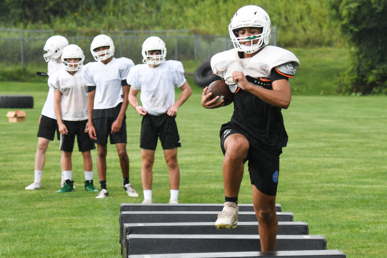 Herkimer running back Emmanuel Johnson works on speed drills during practice. Johnson is among the options in the backfield for Herkimer.
