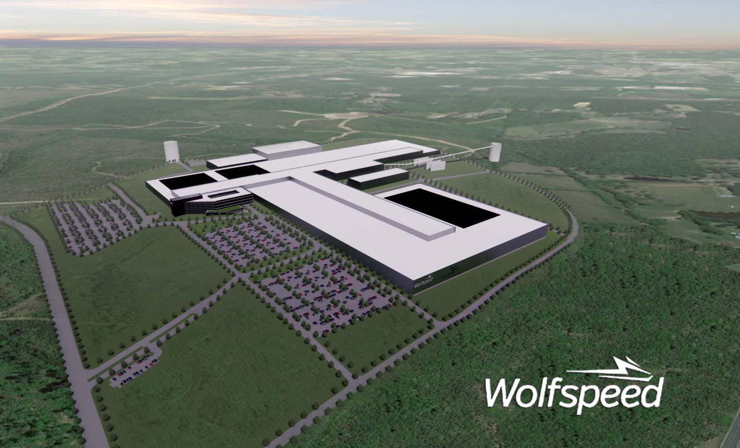 Wolfspeed selects Chatham County, North Carolina for world’s largest Silicon Carbide Materials facility. Above, an artist’s rendering shows what the new facility could look like.