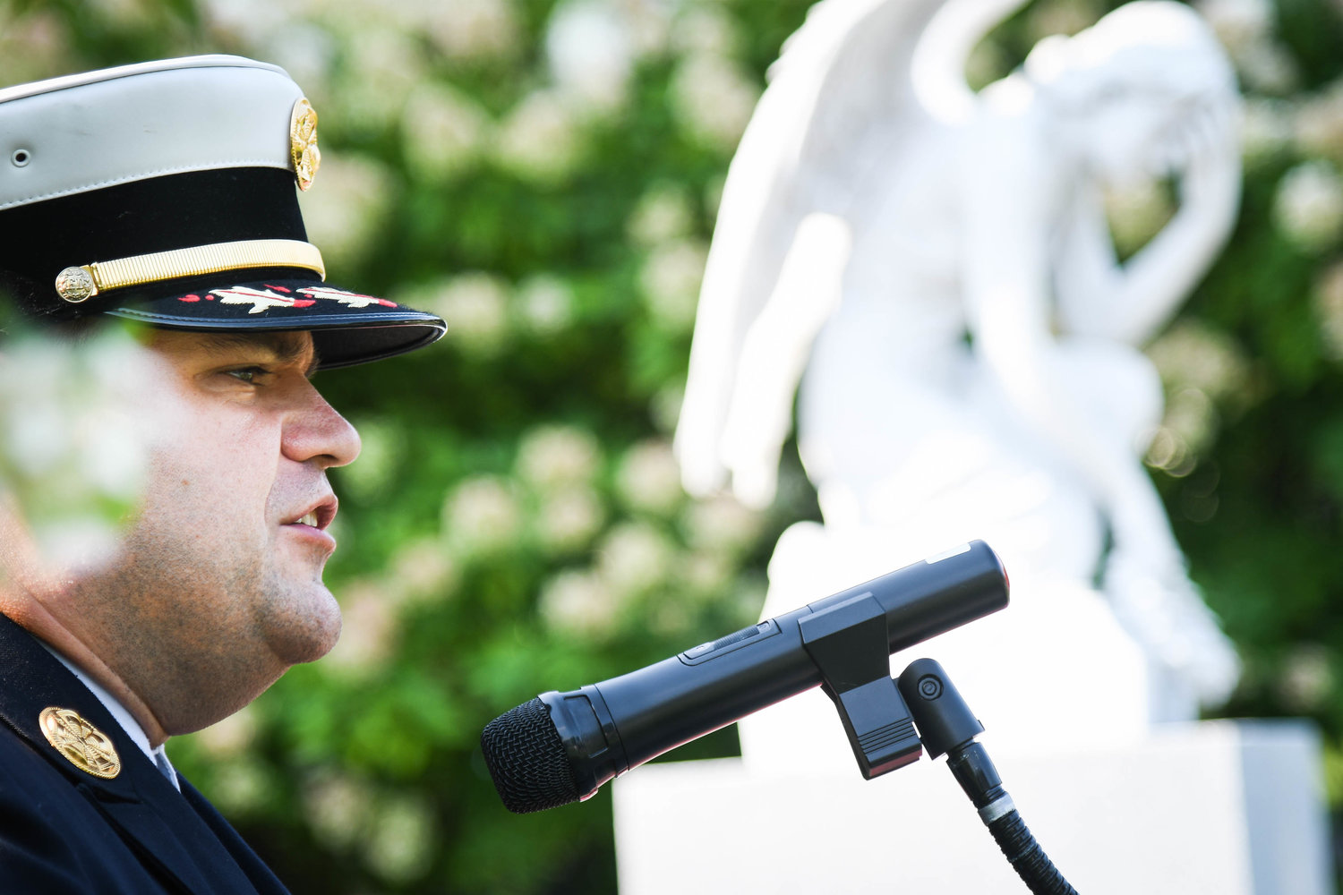 Utica Fire Chief Scott Ingersoll speaks during the annual 9/11 Remembrance Ceremony on Friday morning at the 9/11 Memorial in Utica.