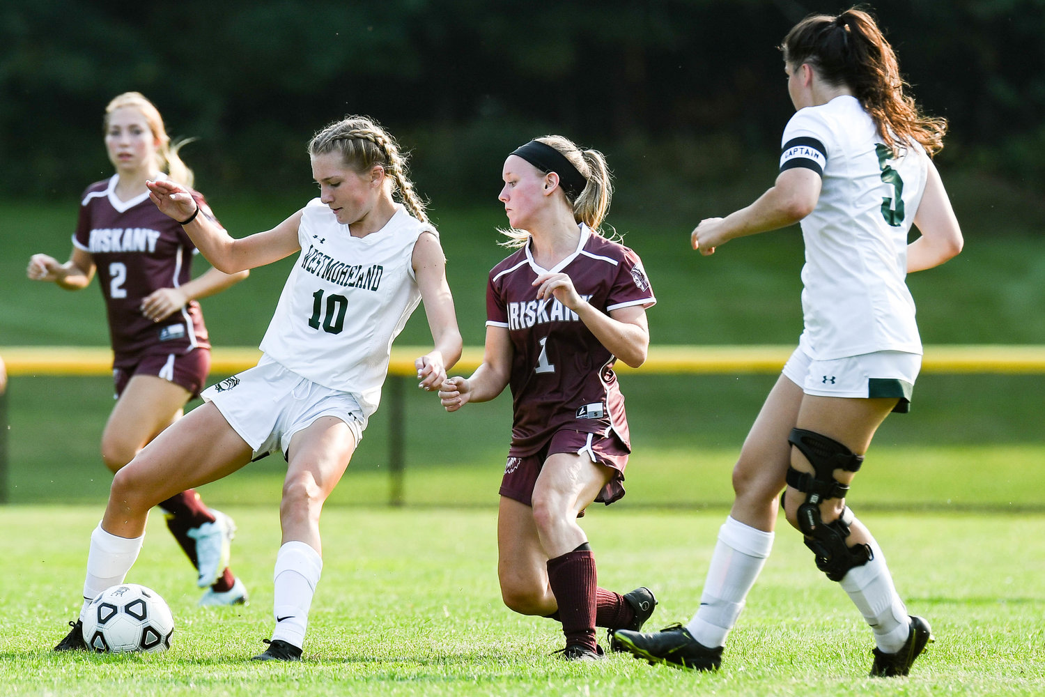 Westmoreland's Victoria Downs controls the ball against Oriskany's Addison Fabbio (1) during the game on Friday at Bernie Block Field in Oriskany. Westmoreland won 3-0.