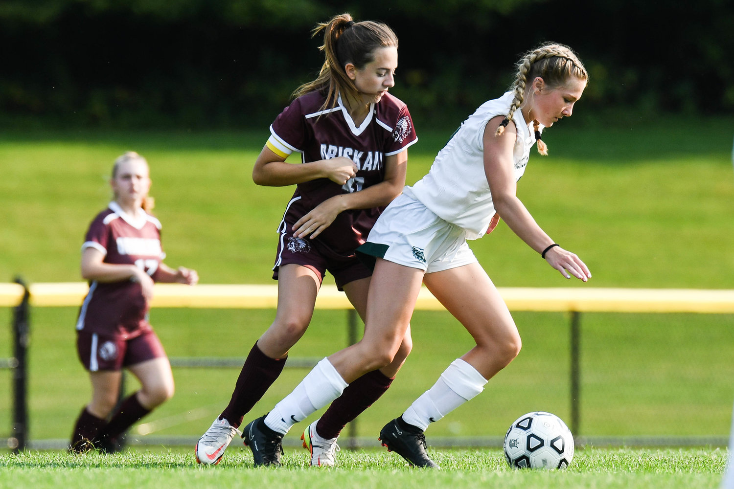 Rachel Daskiewich of Oriskany defends Westmoreland's Victoria Downs during the game on Friday at Bernie Block Field in Oriskany. The Bulldogs won 3-0 on the road.