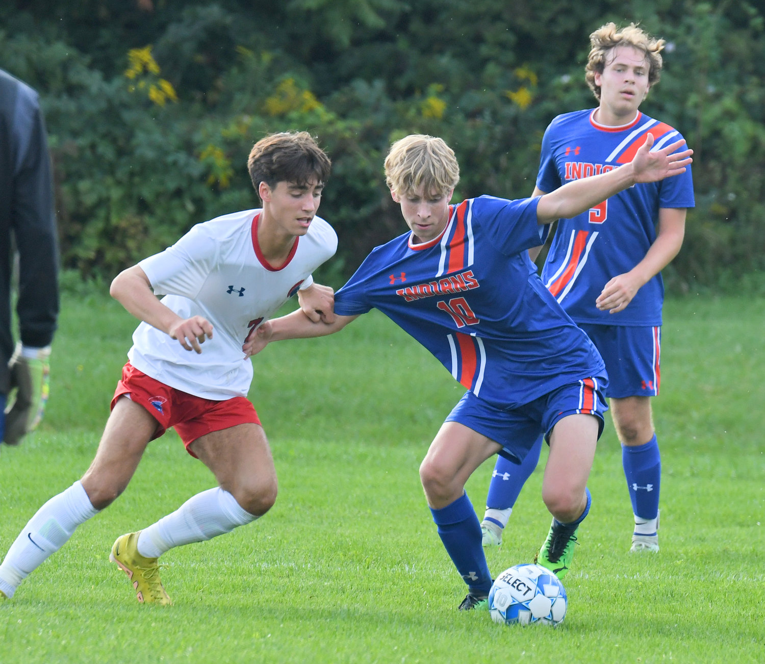 New Hartford's Ashton Giambrone and Oneida's Cash Kistner spar for the ball during the first half in Oneida on Tuesday afternoon.