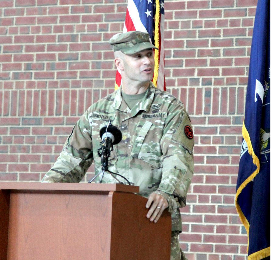 Major Frank Engle, of Little Falls, speaks after taking command of the 2nd Battalion, 108th Infantry during change of command ceremonies on Saturday, Sept. 10, at the New York State Armory, 1705 Armory Drive, in Utica.