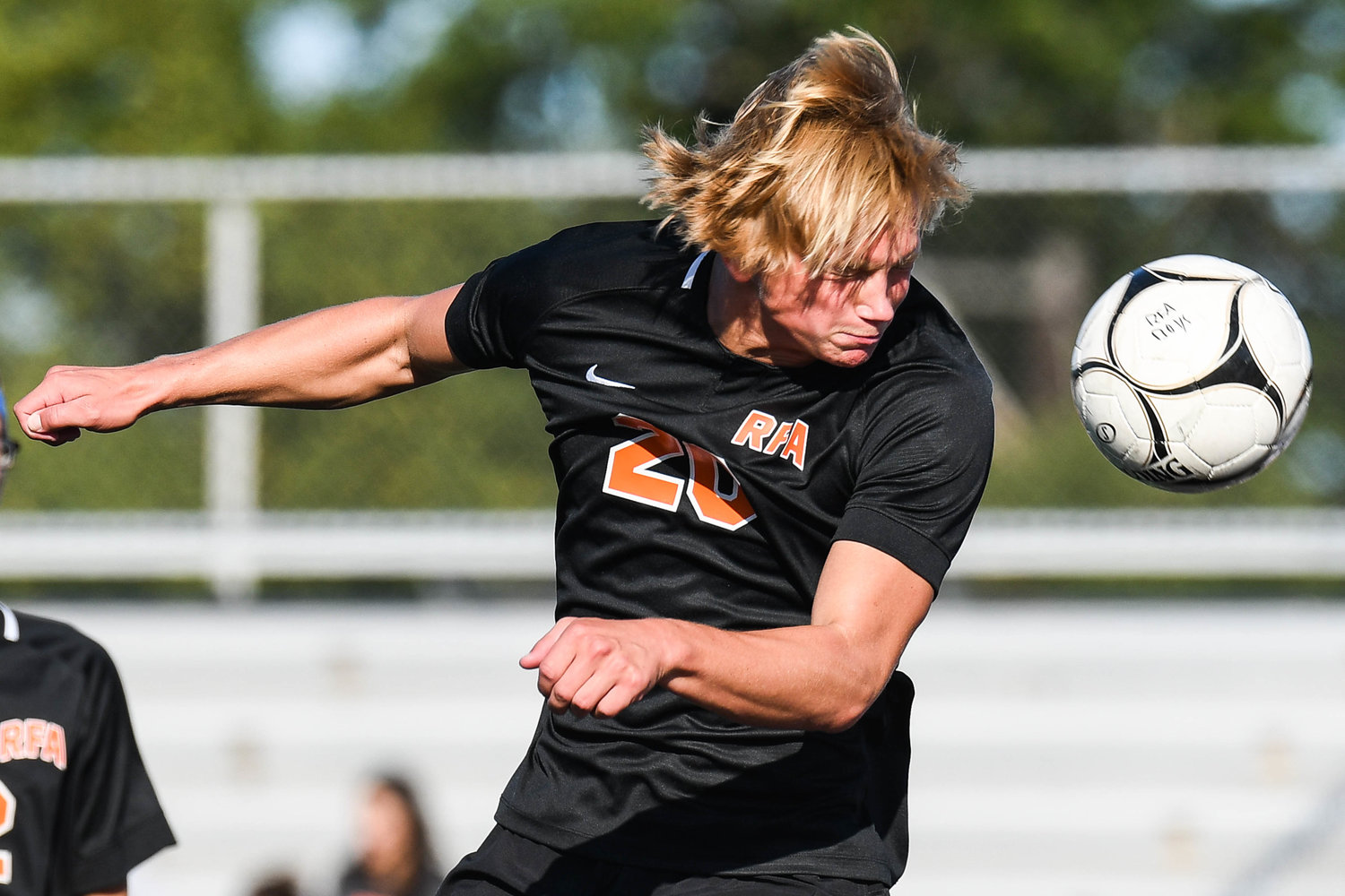 Rome Free Academy forward Paul Zimmerman heads the ball toward the net during the game against Whitesboro on Thursday at RFA Stadium. Zimmerman earned an assist in the team’s 4-1 win.