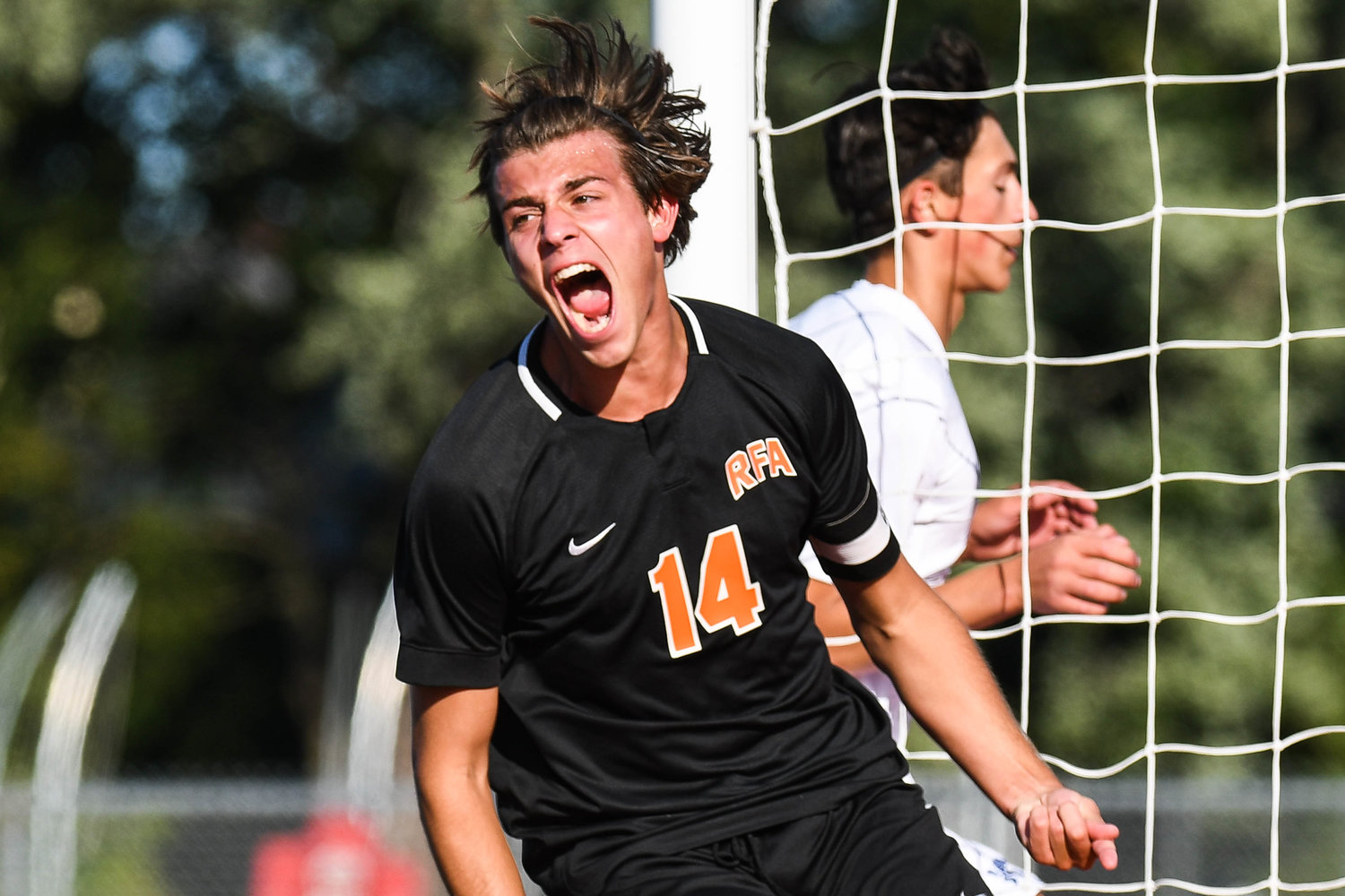 Rome Free Academy forward Collin Gannon celebrates after scoring a goal during the soccer game against Whitesboro on Thursday. Gannon scored twice in a 4-1 win.