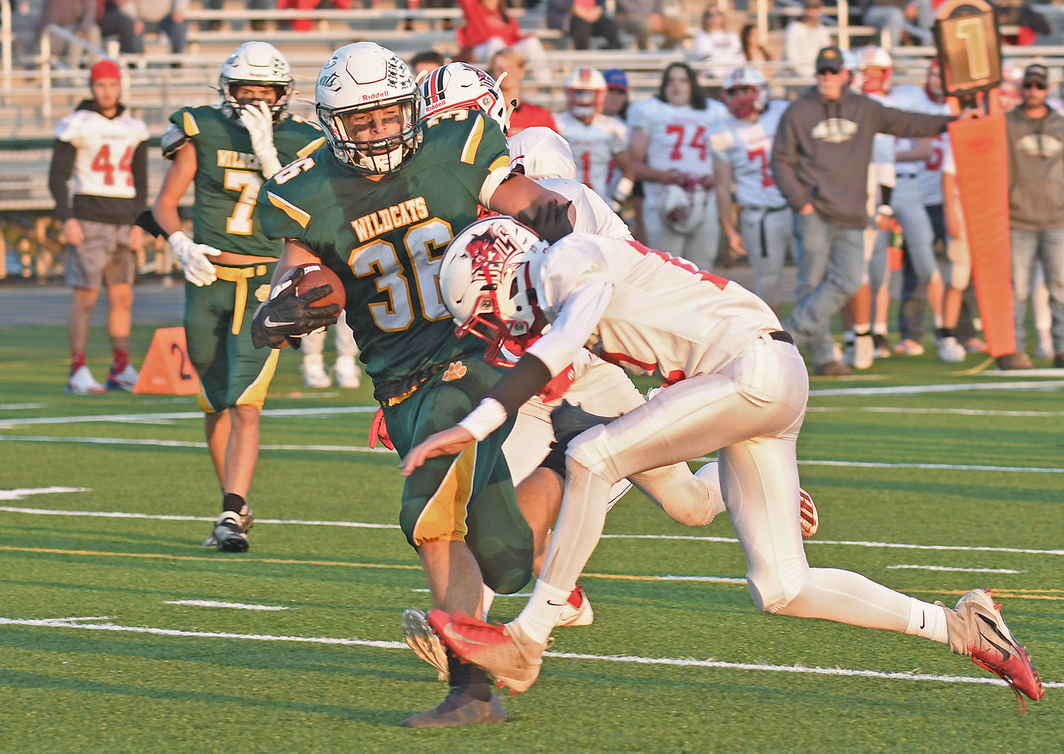Vernon-Verona-Sherrill's Keaton Fox tries to bring down Adirondack's Colin White but was not able to as he ran in for his fourth touchdown in Thursday night's Class C-2 contest against visiting Vernon-Verona-Sherrill.