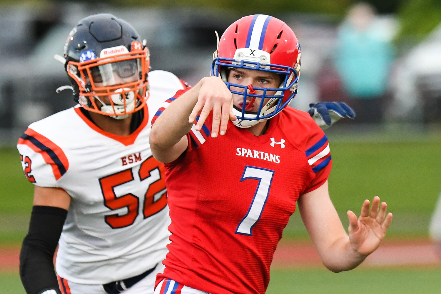 New Hartford quarterback Dominic Ambrose (7) had 99 yards passing and a touchdown Friday to help the Spartans improve to 2-1 overall during the 2022 season.