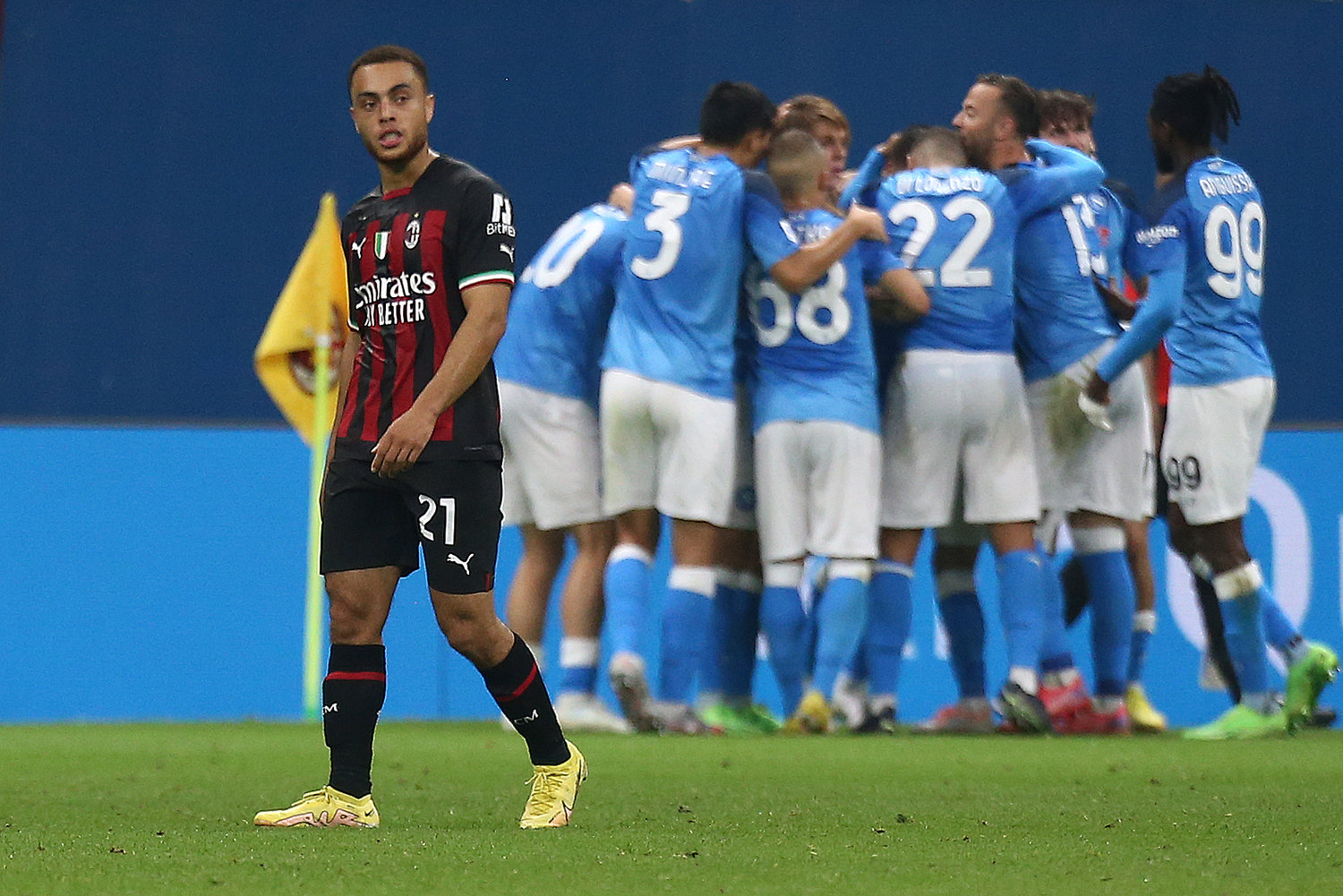 AC Milan's Sergi√±o Dest, left, walks away as Napoli players celebrate a goal during a Serie A soccer match Sunday Sept. 18, 2022, in Milan. United States defender Sergi√±o Dest joined Italian champion AC Milan with the hope of getting more playing time ahead of the World Cup. He‚Äôs gotten off to a tough start.