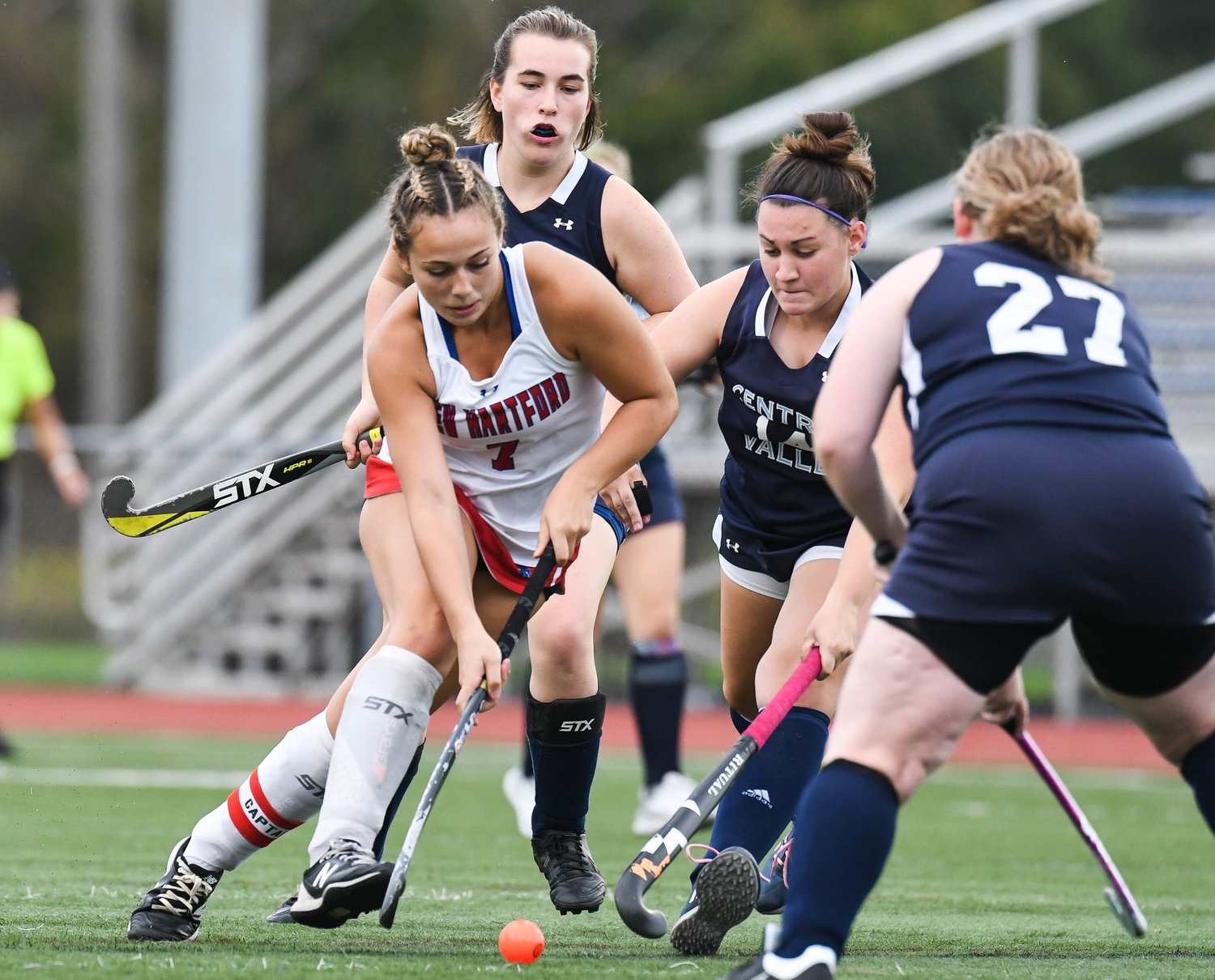 New Hartford player Ella Greico makes a move during the field hockey game against Central Valley Academy on Wednesday. Greico scored three goals in New Hartford’s 3-0 win.