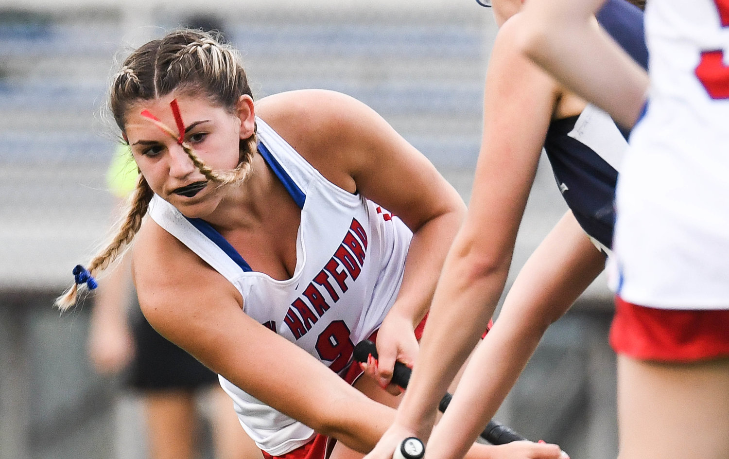 New Hartford player Grace McNamara fires a shot toward the net during the field hockey game against Central Valley Academy on Wednesday. McNamara had an assist as the Spartans won 3-0.