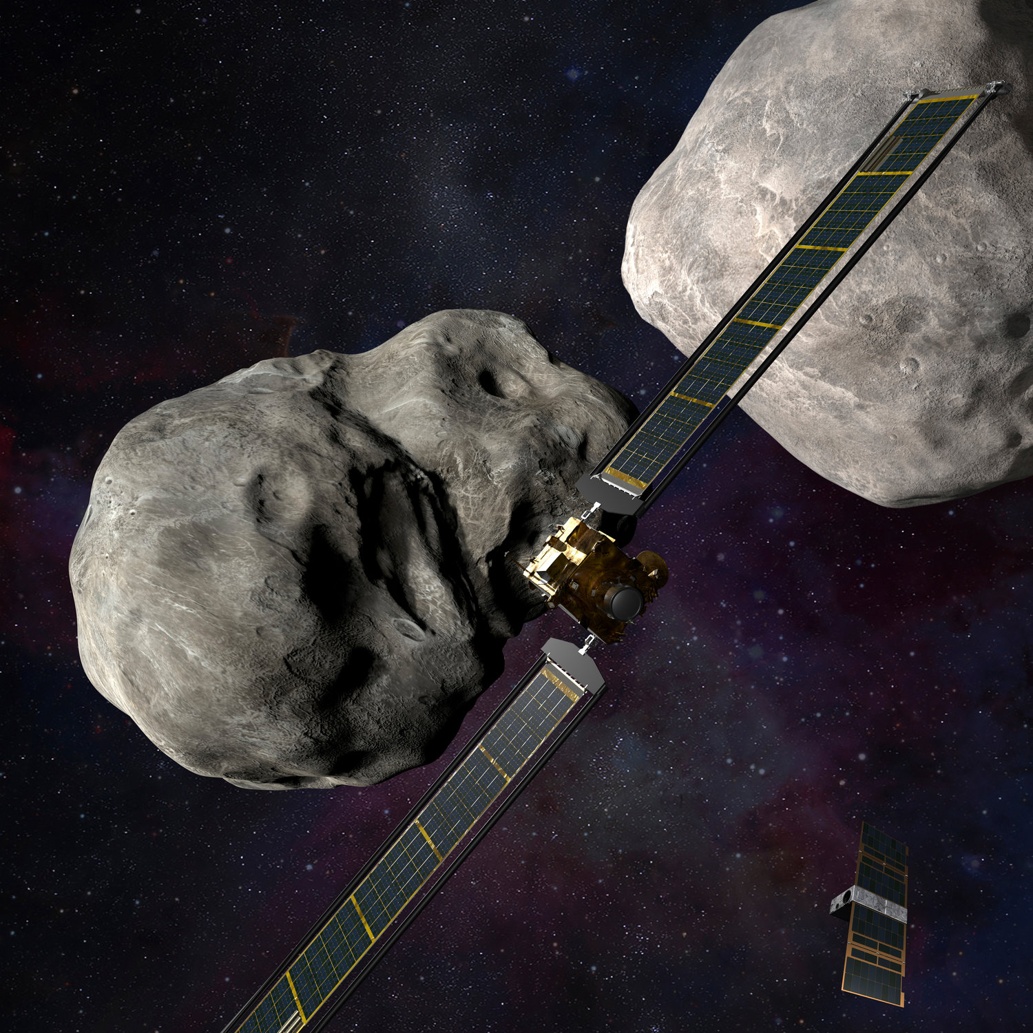 This illustration made available by Johns Hopkins APL and NASA depicts NASA's DART probe, center, and Italian Space Agency's (ASI) LICIACube, bottom right, at the Didymos system before impact with the asteroid Dimorphos, left. DART is expected to zero in on the asteroid Monday, Sept. 26, 2022, intent on slamming it head-on at 14,000 mph. The impact should be just enough to nudge the asteroid into a slightly tighter orbit around its companion space rock.
