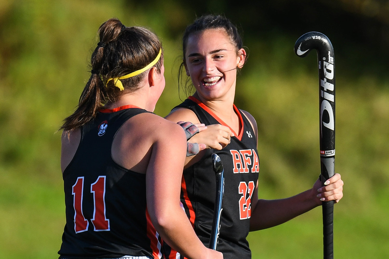 From left, Rome Free Academy player Hannah Lowder (11) celebrates a goal with teammate Drew Kopek (22) during the game against Central Valley Academy on Monday in Ilion. Kopek also scored twice and had an assist in RFA’s 6-0 win.
