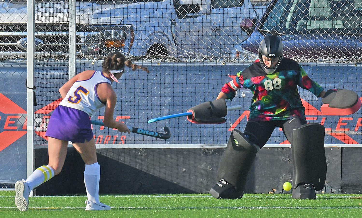 Holland Patent’s Madison Oliver shoots and scores against Vernon-Verona-Sherrill goalie Devyn Balfe on Monday at Accelerate Sports Complex. Oliver scored two goals as the Golden Knights won 6-0.