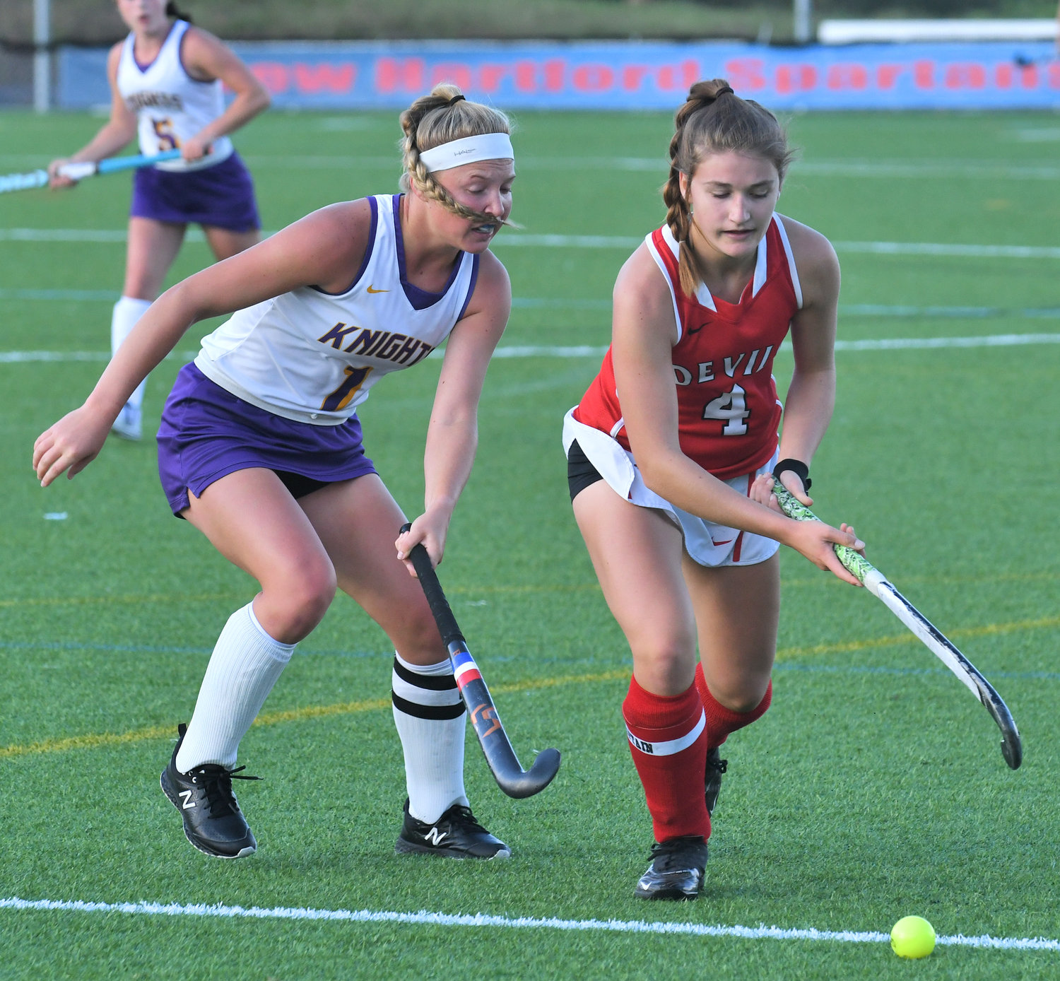 Holland Patent's Margaret Cummings and and Vernon-Verona-Sherrill's Grace Croft look to control the ball Monday at Accelerate Sports Complex. Cummings scored a goal and had an assist in the Golden Knights' 6-0 win.