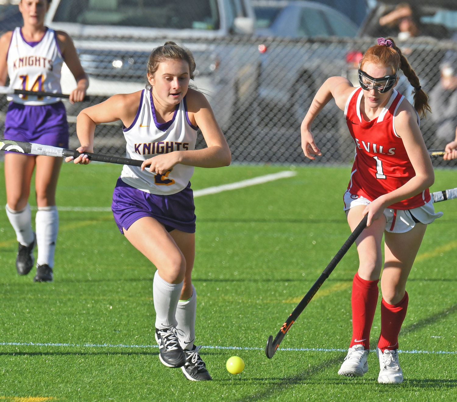 Holland Patent's Terralyn McLaughlin, left, and Vernon-Verona-Sherrill's Meredith Guardian chase the ball up field Monday at Accelerate Sports Complex.