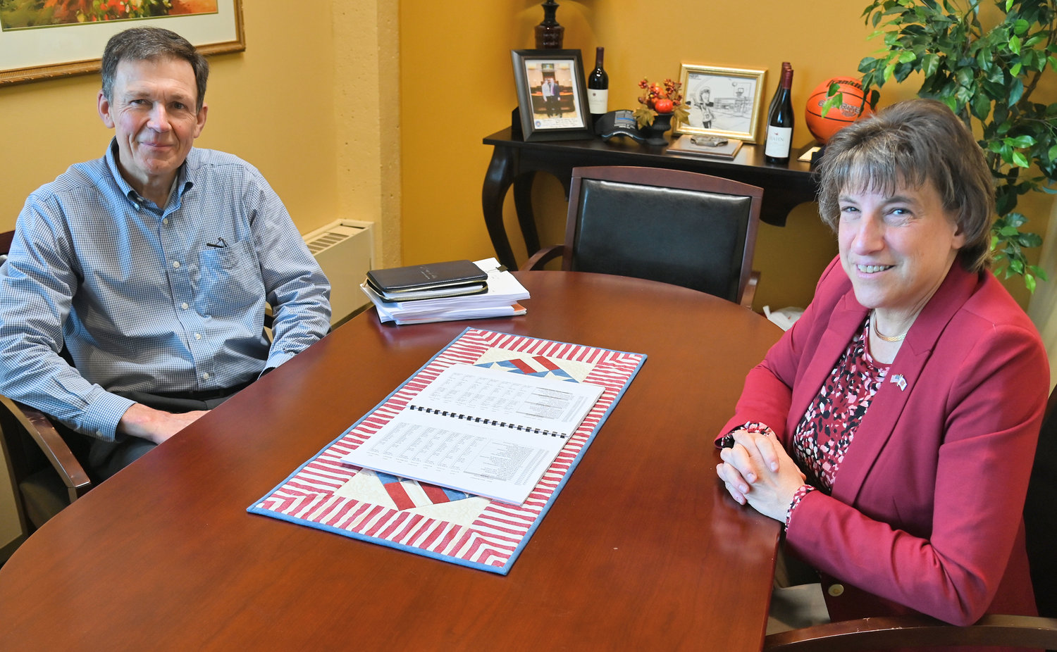 Rome Mayor Jacqueline M. Izzo, right, goes over her administration’s 2023 budget proposal with City Treasurer Dave Nolan in her office on Tuesday prior to her delivering her annual budget presentation at a special meeting of the Common Council on Wednesday, Sept. 28.