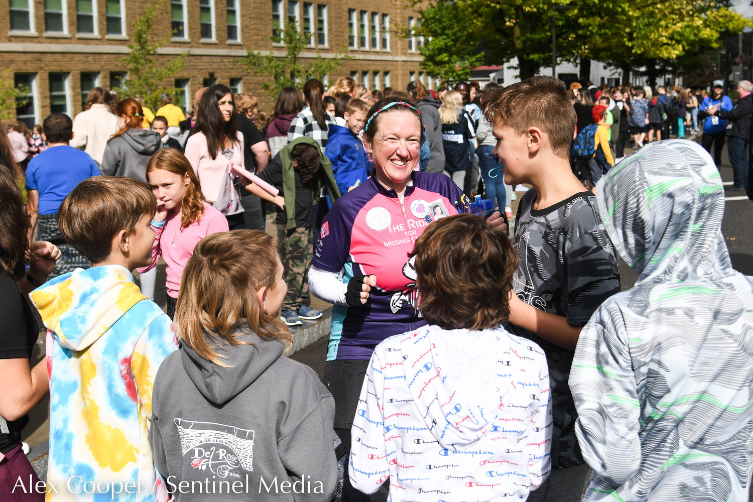 Teale Labarbera smiles and dances with students during the 24th annual Ride For Missing Children on Wednesday, Sept. 28 outside of Gregory B. Jarvis Middle School in Mohawk.