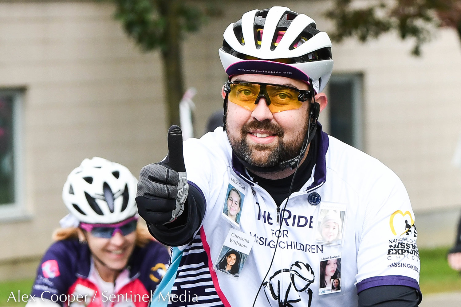 A rider gives a thumbs up after a short break during the 24th annual Ride For Missing Children on Wednesday, Sept. 28 outside of Gregory B. Jarvis Middle School in Mohawk.